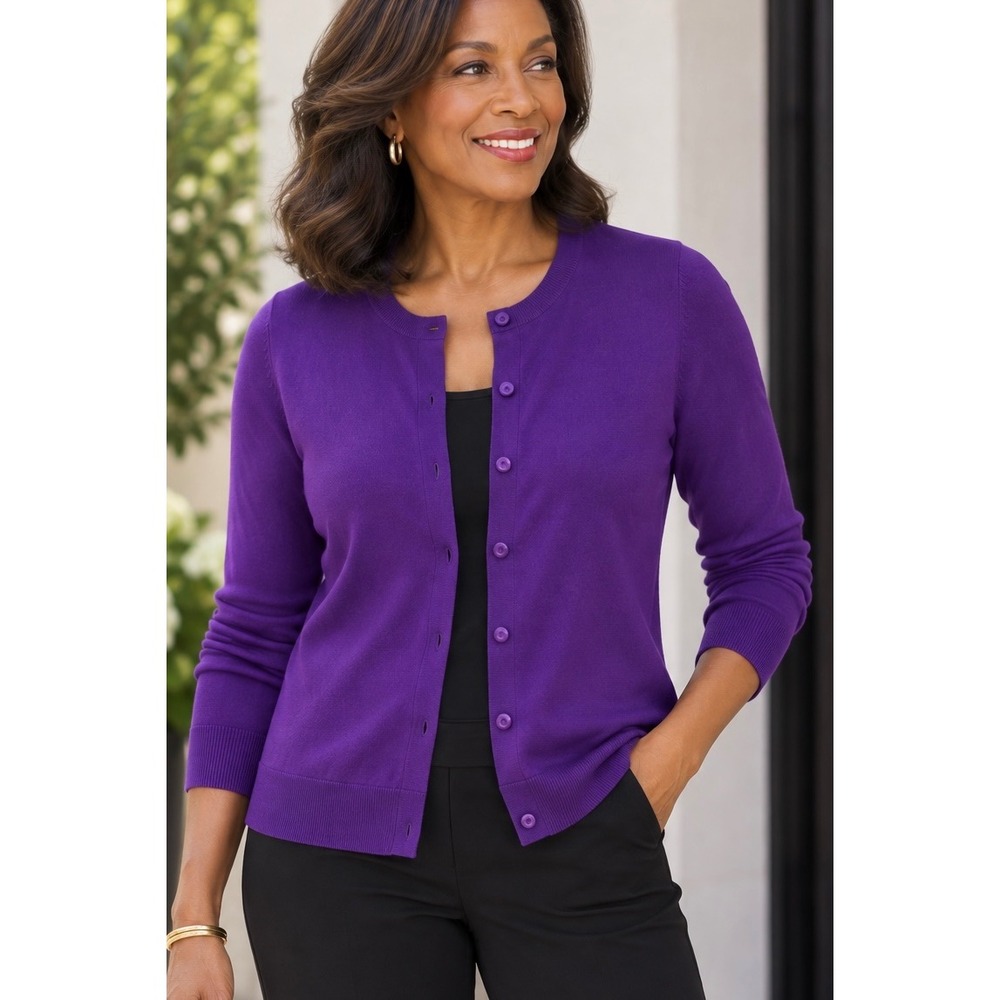 Talbots Purple Cardigan Sweater MP Pima Cotton Button Front Crew Neck Knit